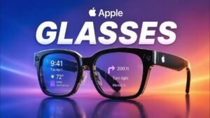 Light brown Apple frames displaying turn-by-turn navigation lenses.