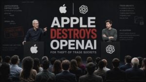 Split screen showing the Apple and OpenAI logos representing the legal battle.