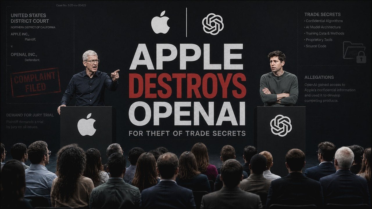 Split screen showing the Apple and OpenAI logos representing the legal battle.