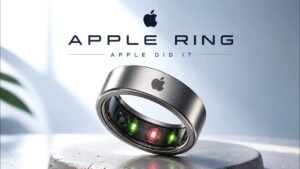 Conceptual design of a silver Apple smart ring on a white background.