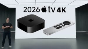A black Apple TV 4K set-top box resting on a living room media console.