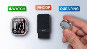 Side by side comparison of Apple Watch, Whoop, and Oura Ring.