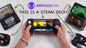 A handheld gaming console displaying the Armada OS interface similar to Steam OS.