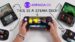 A handheld gaming console displaying the Armada OS interface similar to Steam OS.