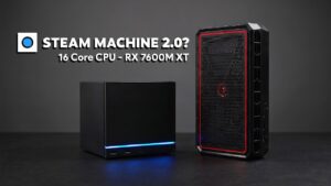 The AtomMan G7PT mini PC case showing its compact design and custom RGB lighting.