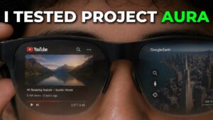 User interacting with five floating screens using Android XR