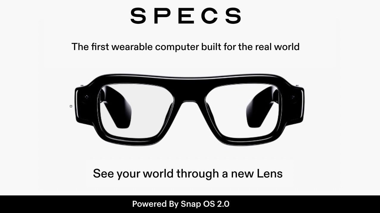 A person wearing the bulky new Snap Specs.