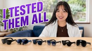 A pair of cinematic smart glasses displaying a virtual screen.