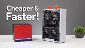 A compact custom-built Steam Machine PC case with vertical GPU mounting.