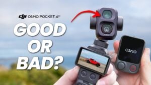 The DJI Pocket 4P handheld camera with its screen powered on.