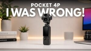 The DJI Pocket 4P gimbal camera held in a hand.