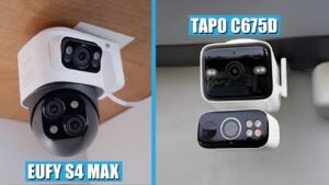 A close up view of the Eufy S4 Max wired security camera mounted on an exterior wall.