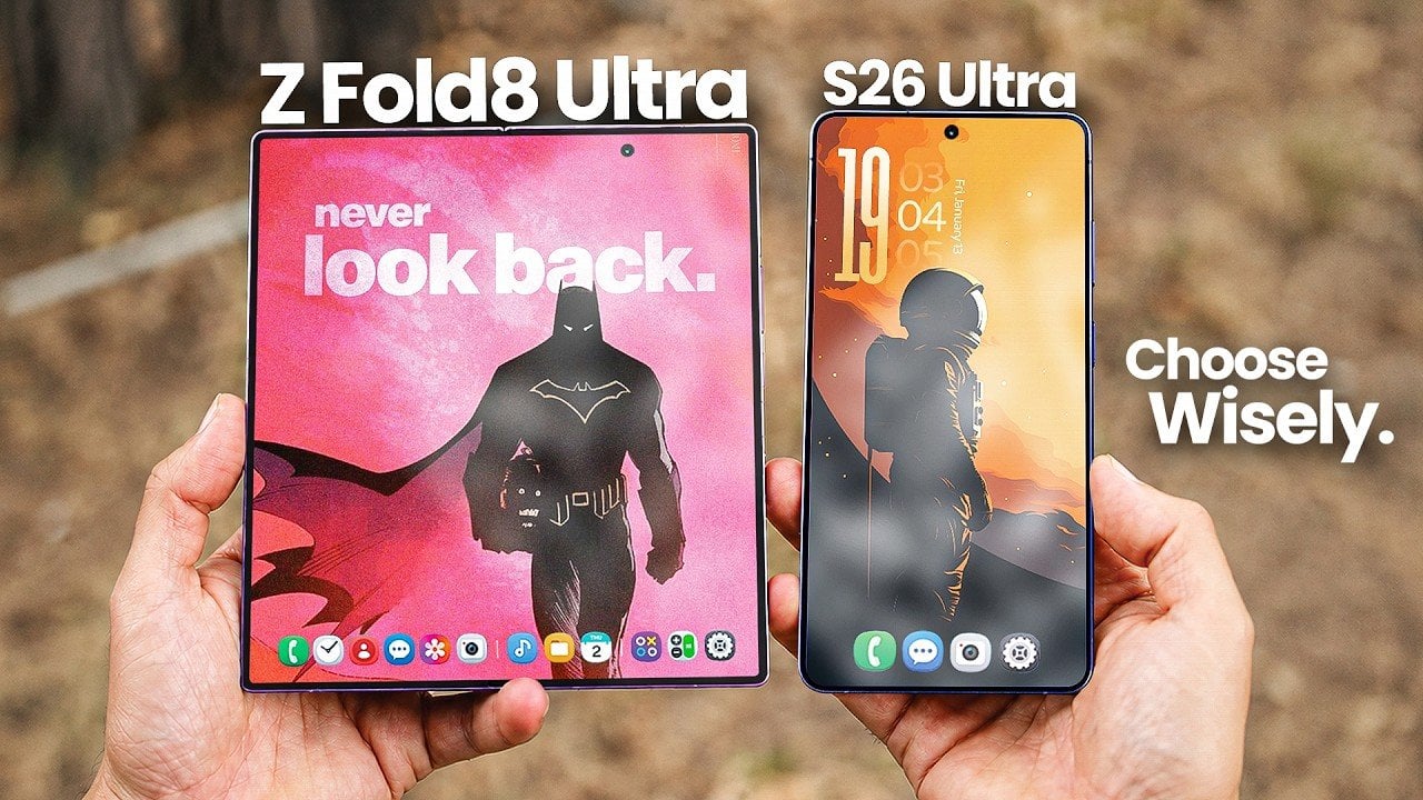 Side by side comparison of the Galaxy Z Fold 8 Ultra and Galaxy S26 Ultra smartphones.