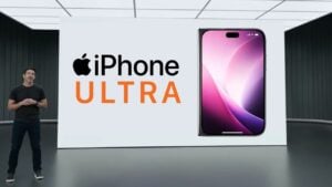 A concept render of a book-style foldable iPhone with a large inner screen