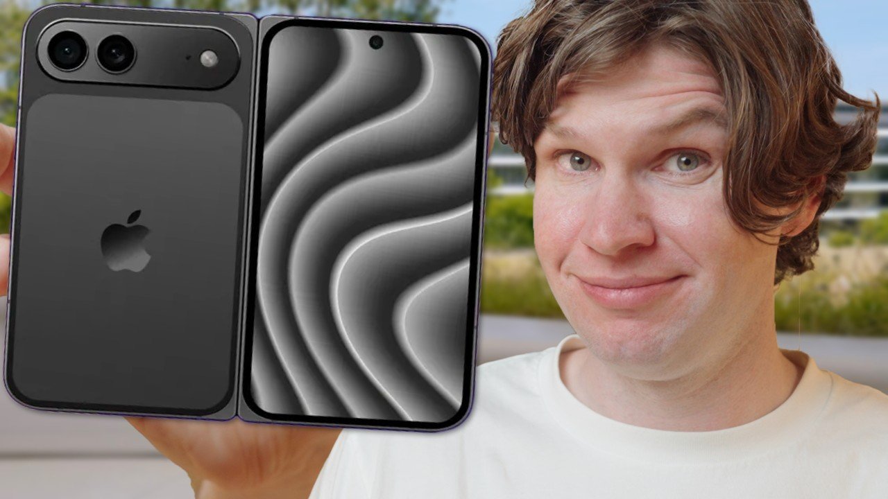 Conceptual render of the upcoming foldable iPhone Ultra partially bent.
