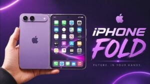 Render of the rumored foldable iPhone Ultra partially opened to reveal the inner screen.