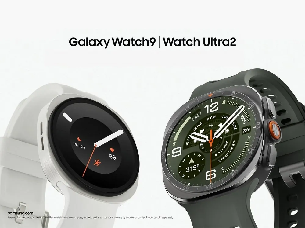 The lightweight aluminum Samsung Galaxy Watch9 with a cream interchangeable sports band.