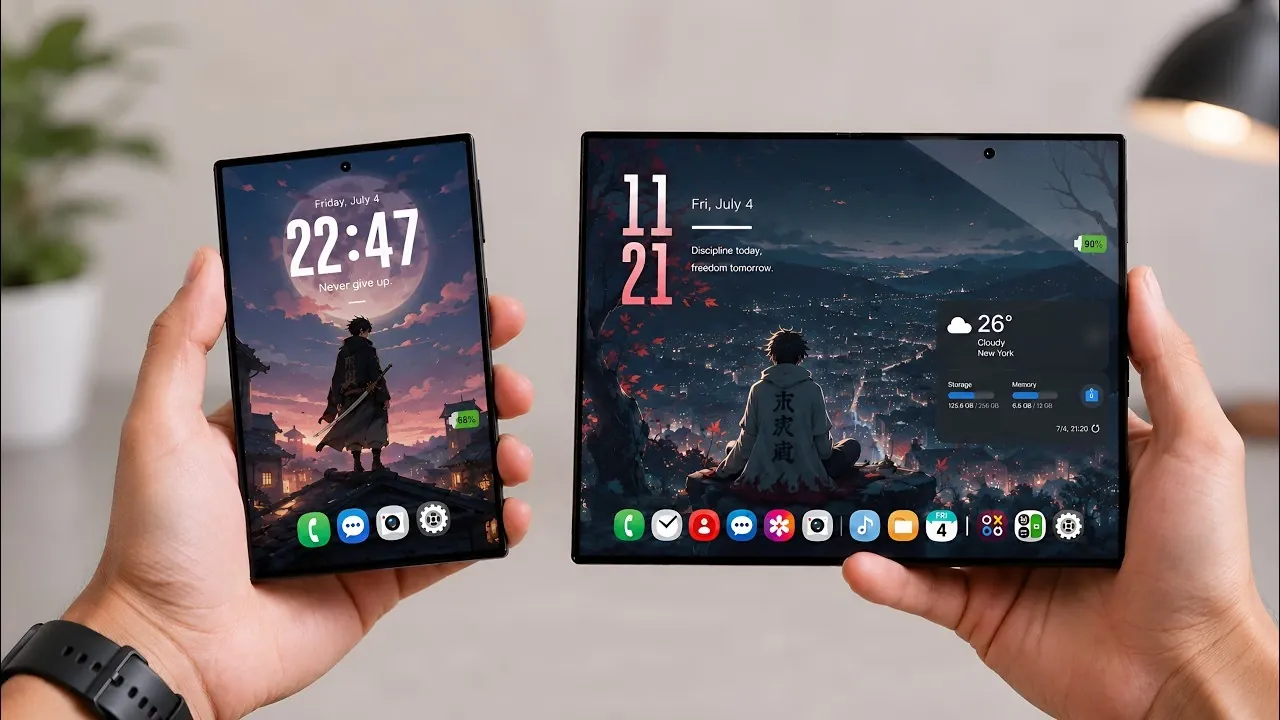 A close-up highlighting the wider foldable screen design of the new phone.