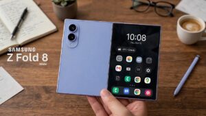 Samsung Galaxy Z Fold 8 displaying its new book-style 4:3 aspect ratio screen.