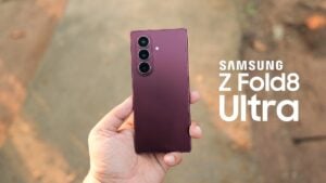 The new Samsung Galaxy Z Fold 8 Ultra shown partially folded to highlight its design.