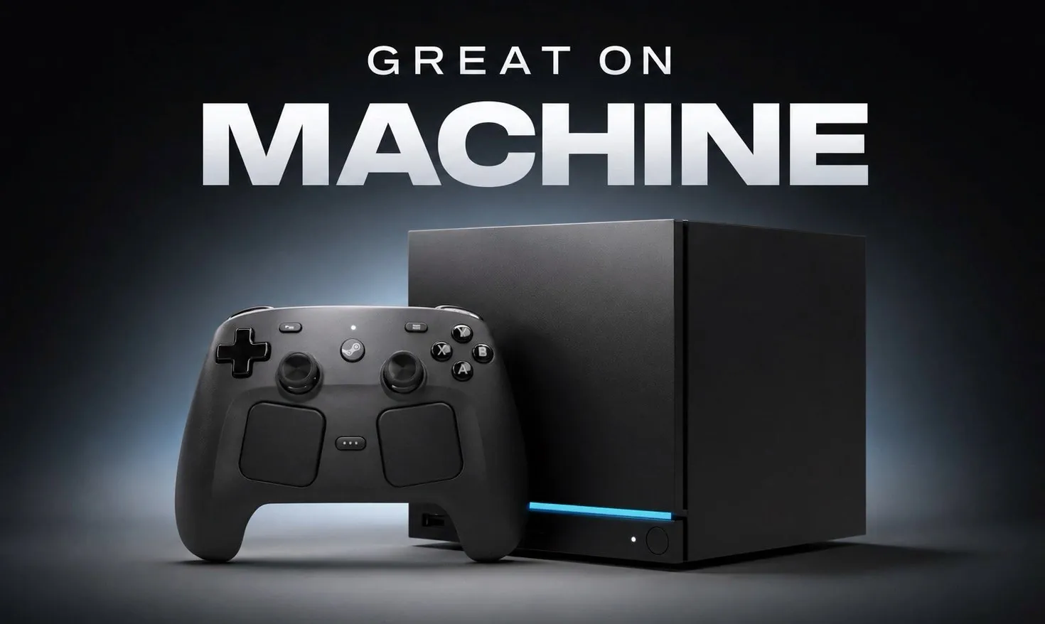 A black Steam Machine console sitting on a desk.