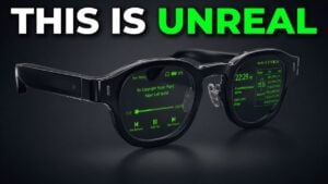 Black Halliday G2 smart glasses resting on a wooden desk.