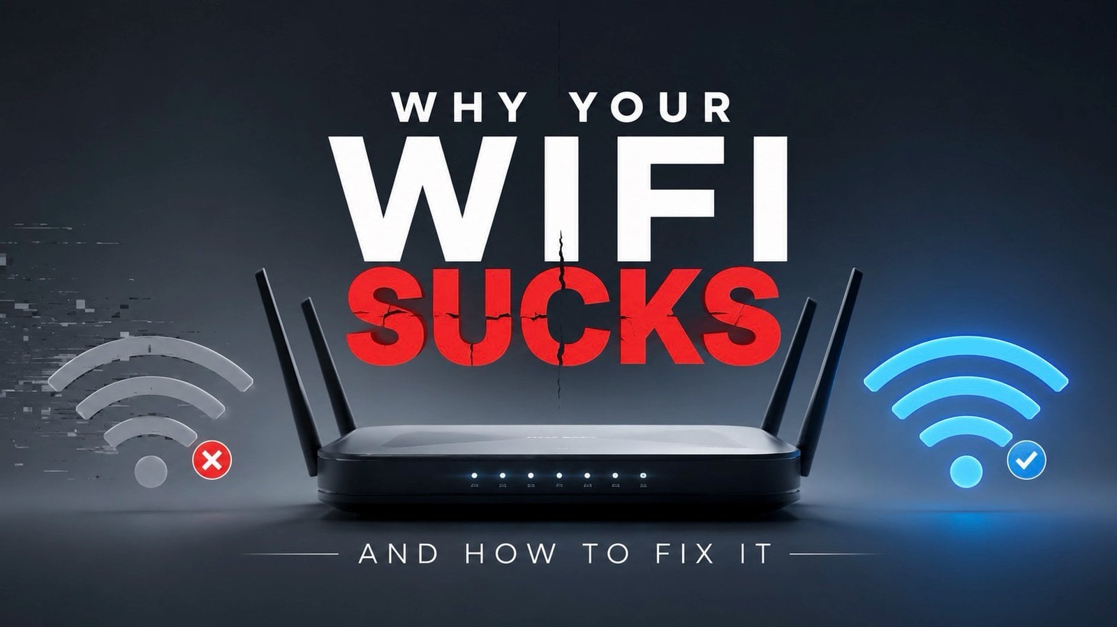 A modern Wi-Fi router sitting on a wooden shelf in a living room.