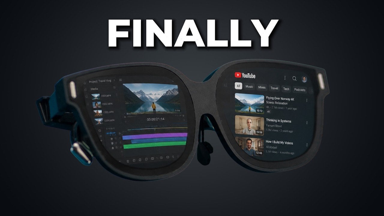 A user wearing augmented reality glasses, looking at multiple virtual screens in a productivity setting.