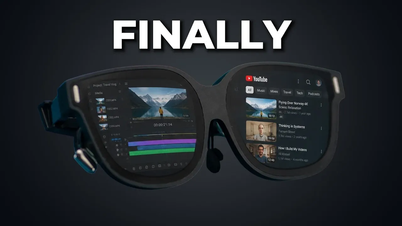 A user looking at multiple virtual screens while wearing the AR glasses.