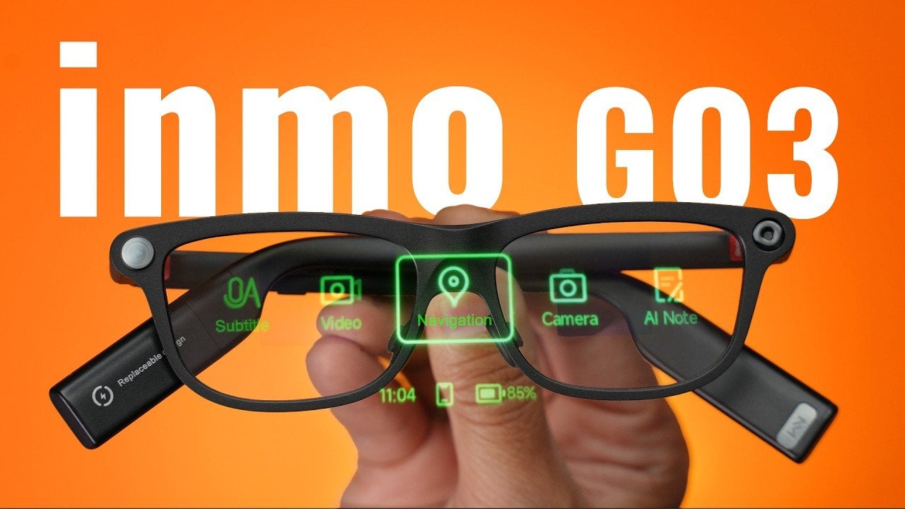 A pair of inmo GO3 smart glasses on a desk showing the slim design.