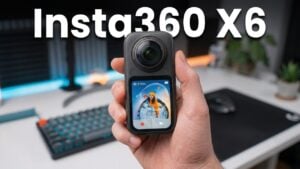 Front view of the new Insta360 X6 camera showing its shorter and more compact body.