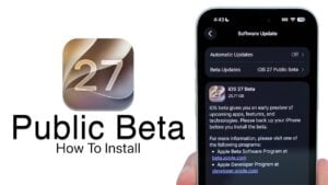 A smartphone screen showing the iOS 27 public beta download progress