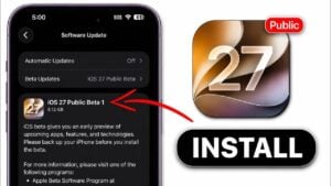 An iPhone displaying the iOS 27 public beta installation screen