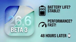 iOS 26.6 Beta 3 software update screen on an iPhone.