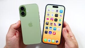 Two smartphones side by side comparing the iPhone 17 and iPhone 18 designs.