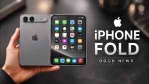 A conceptual render of the rumored Apple iPhone Fold in an open position.