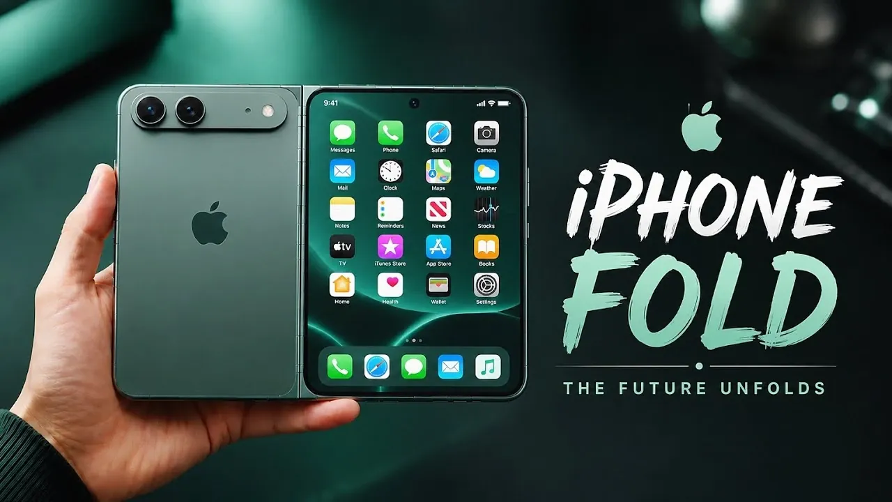 Person holding a conceptual foldable Apple smartphone.
