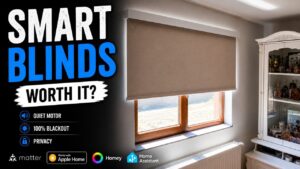 Kingmo motorized roller shades installed in a modern living room.