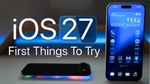A smartphone screen displaying the new transparent liquid glass interface effect on iOS 27.