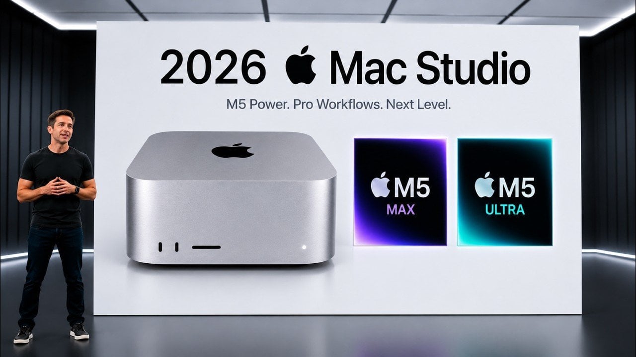 Front view of the Apple M5 Mac Studio desktop computer.
