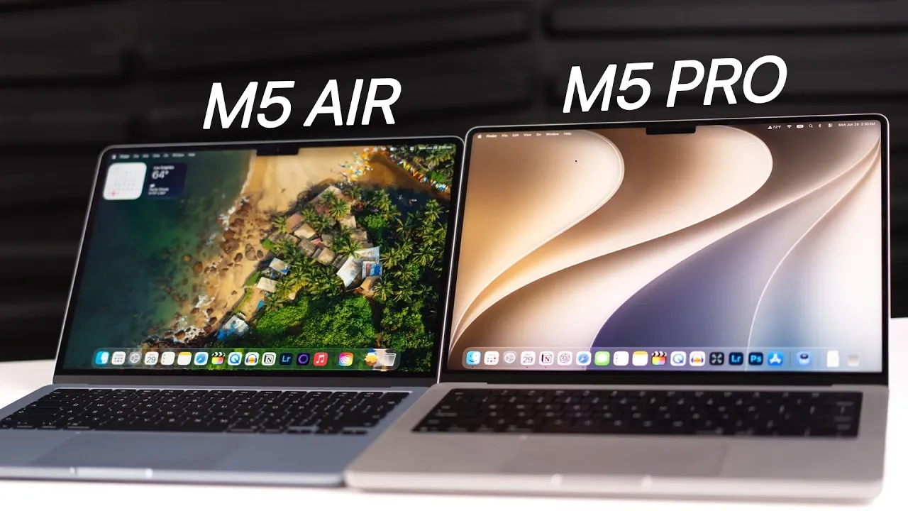 Mini-LED display on the M5 MacBook Pro next to the M5 MacBook Air