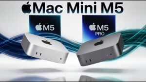 Front view of the redesigned Mac Mini M5 on a desk