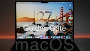 macOS 27 Golden Gate desktop showing the new animated sunset wallpaper