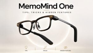 A close up of the MemoMind One smart glasses resting on a desk.