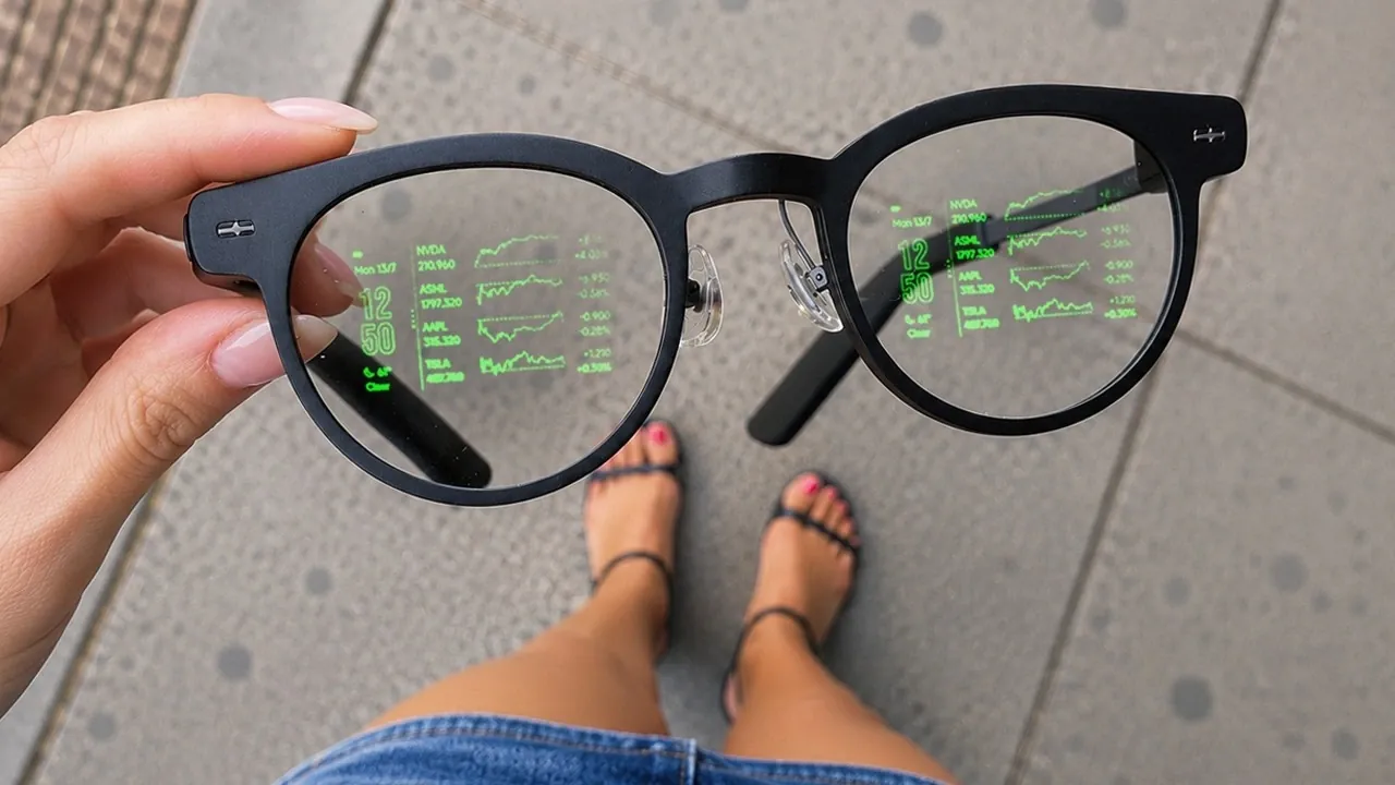 A glowing green heads-up display showing text on the smart glasses lens.