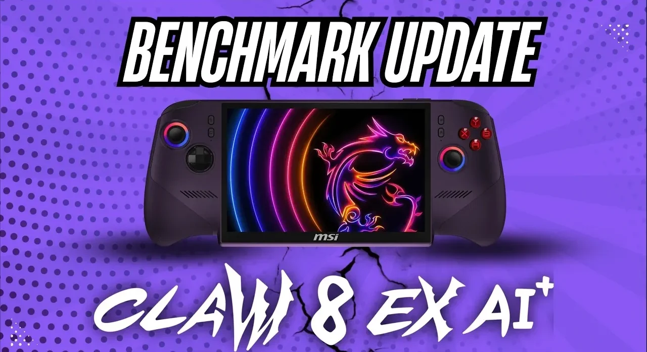 Benchmark results screen showing frame rates for the MSI Claw.