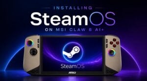 The MSI Claw 8 AI+ handheld running the SteamOS interface.