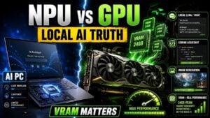 A side-by-side comparison chart showing the differences between a neural processing unit and a graphics processing unit.