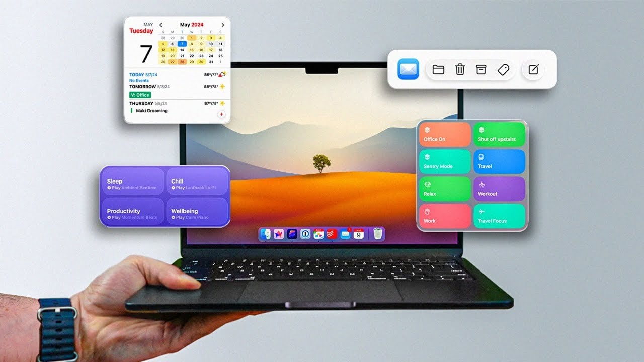 A clean Mac desktop with customized widgets and hidden external drives.
