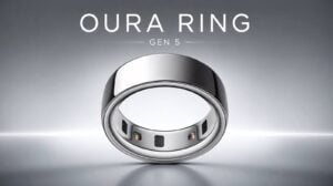 The Oura Ring Gen 5 resting on a wooden table.